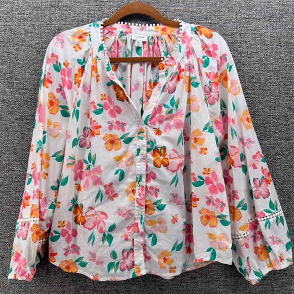 J Crew Womens Peasant Blouse Size XL Bohemian Hipster Hippie Boo Floral Pom Poms - Picture 1 of 12